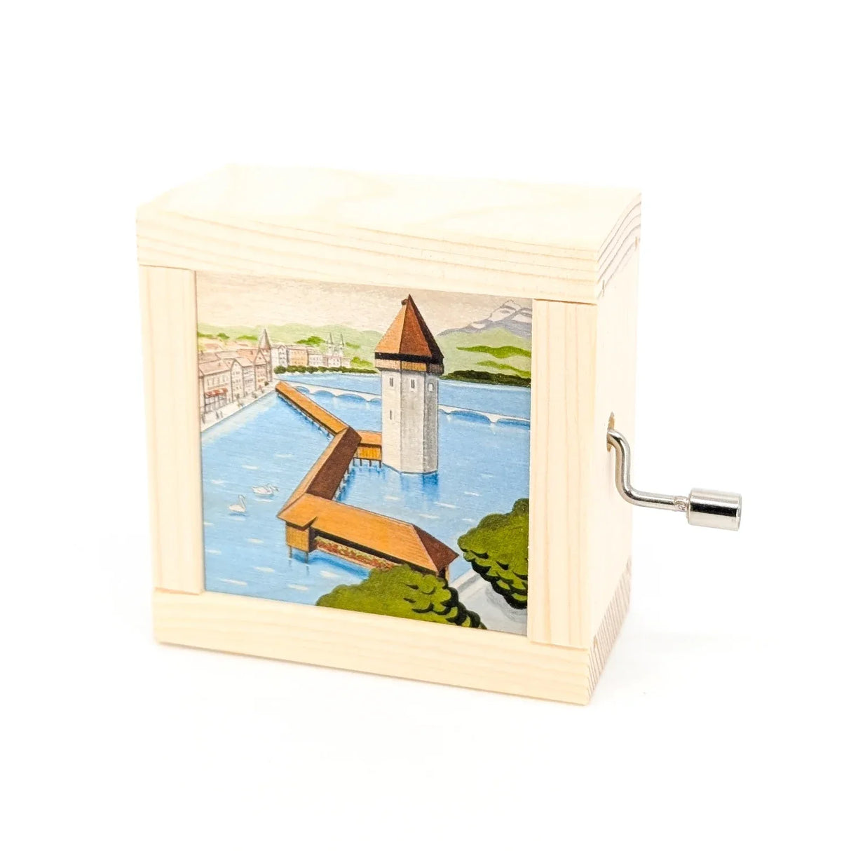 Spieluhr aus Holz mit aufgedruckter Kapellbrücke Luzern und seitlicher Kurbel
