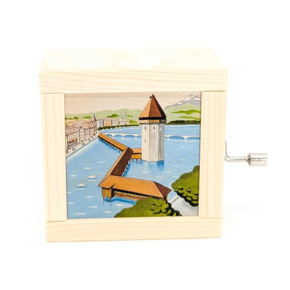 Holzspieldose mit Illustration der Kapellbrücke und des Wasserturms in Luzern