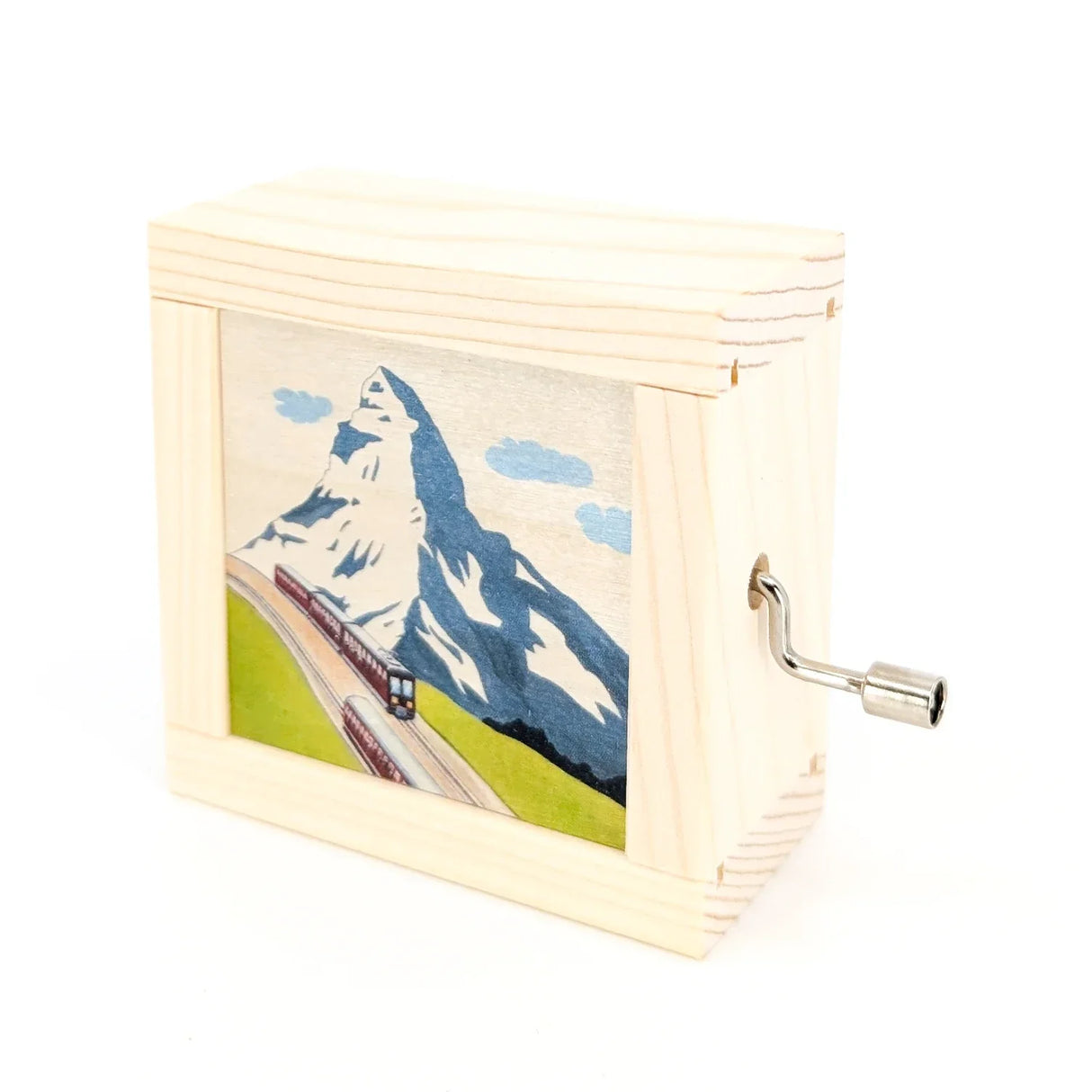 Holzspieldose mit Matterhorn-Motiv und Zug, seitlich eine Kurbel