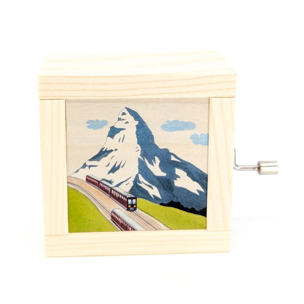 Holzspieluhr mit Matterhorn-Motiv und Zahnradbahn