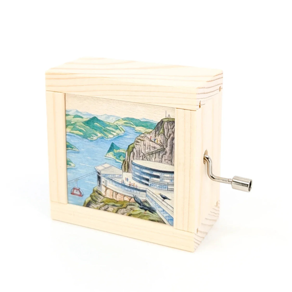 Spieluhr aus Holz mit einer Illustration von einer Seilbahn und einer Bergstation am Fjord
