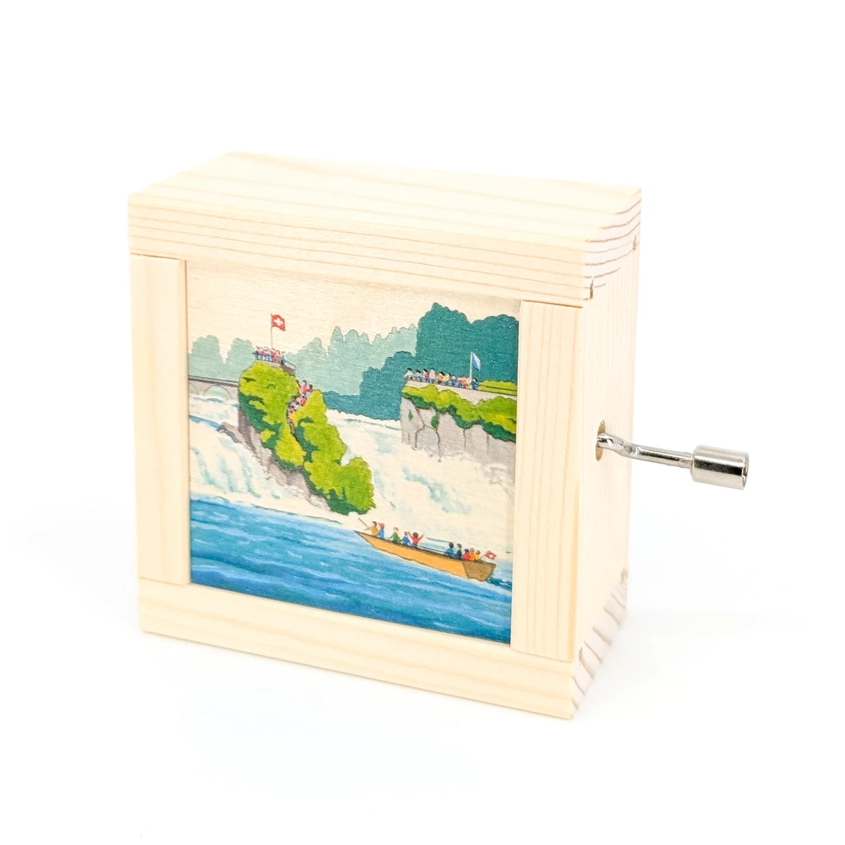 Holzspieldose mit Illustration des Rheinfalls, einem Boot und Menschen auf den Klippen
