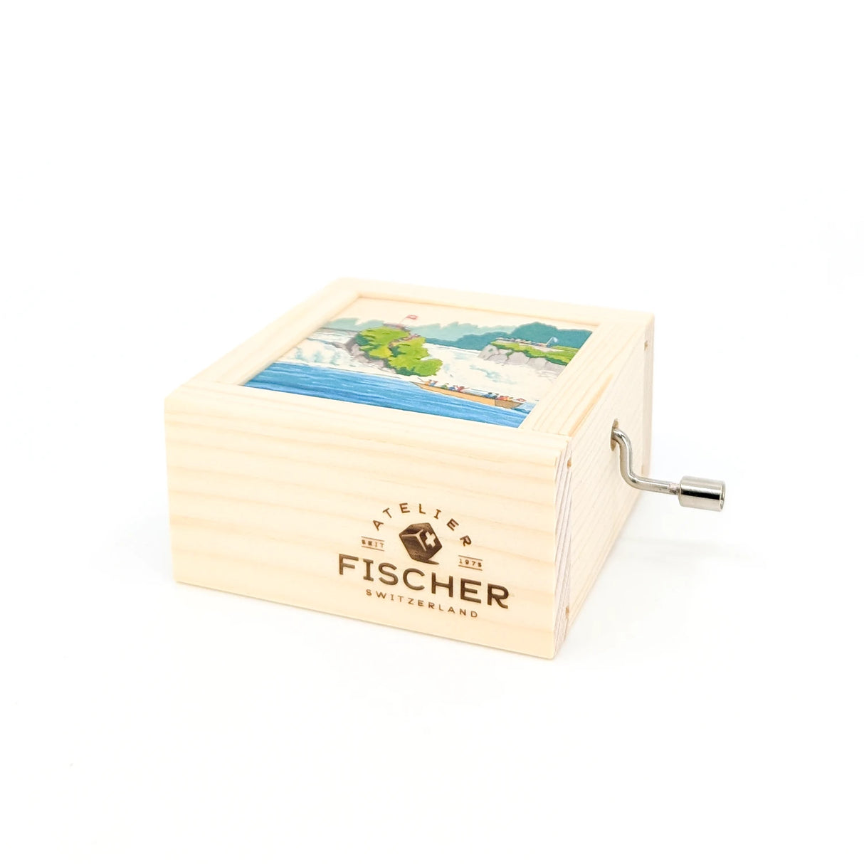 Spieluhr aus Holz mit einem Bild des Rheinfalls und dem Atelier Fischer Logo