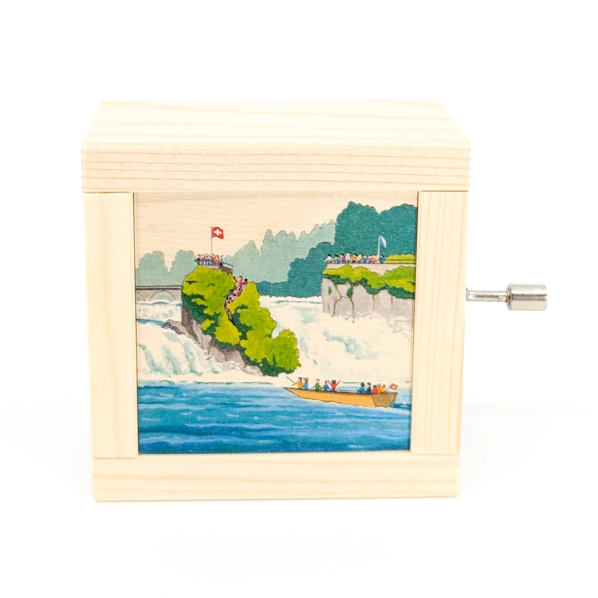 Holzspieldose mit Illustration des Rheinfalls, einem Boot und Menschen auf den Felsen