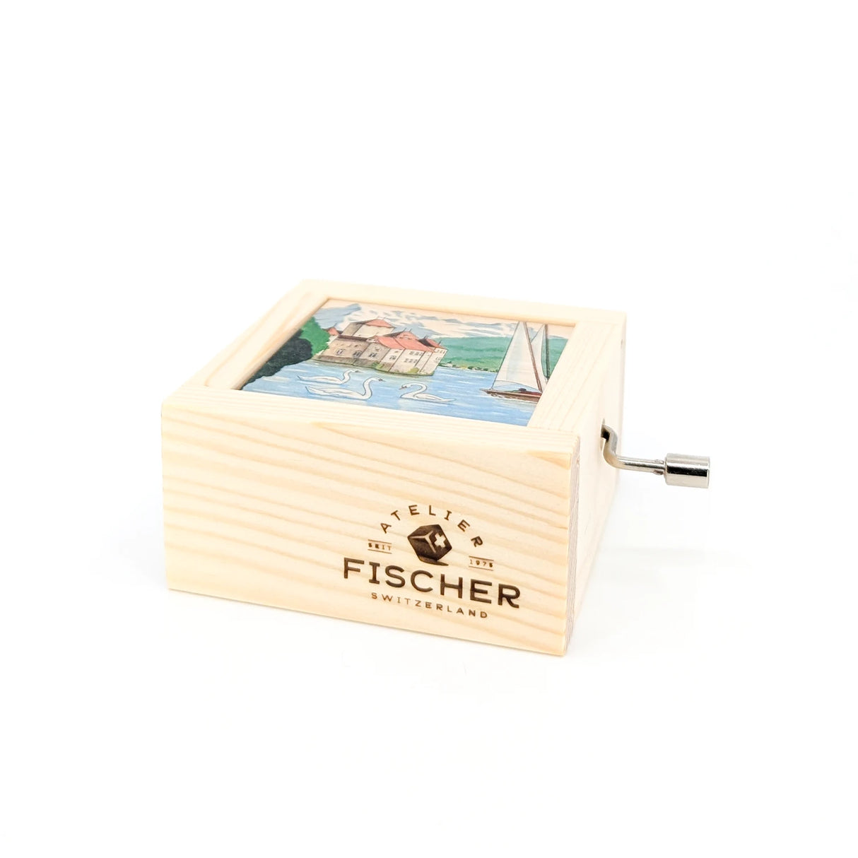 Holzspieldose mit Kurbel und Illustration von Schloss Chillon auf dem Genfersee