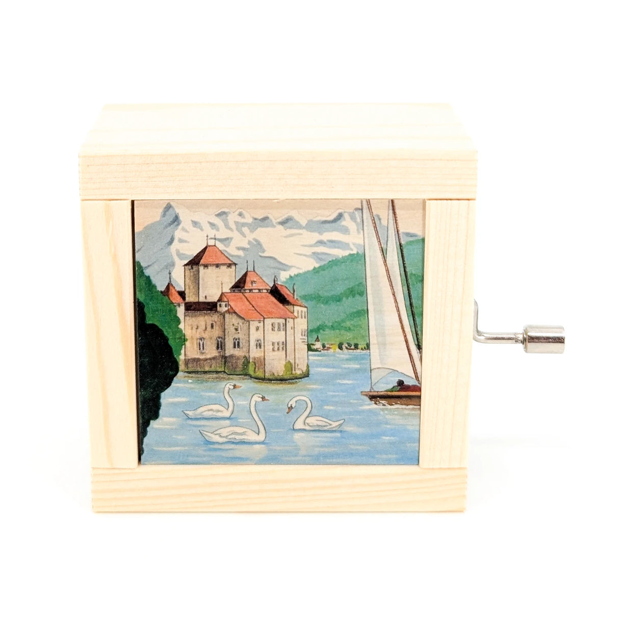 Holzspieldose mit Illustration von Schloss Chillon am Genfersee mit Segelboot und Schwänen