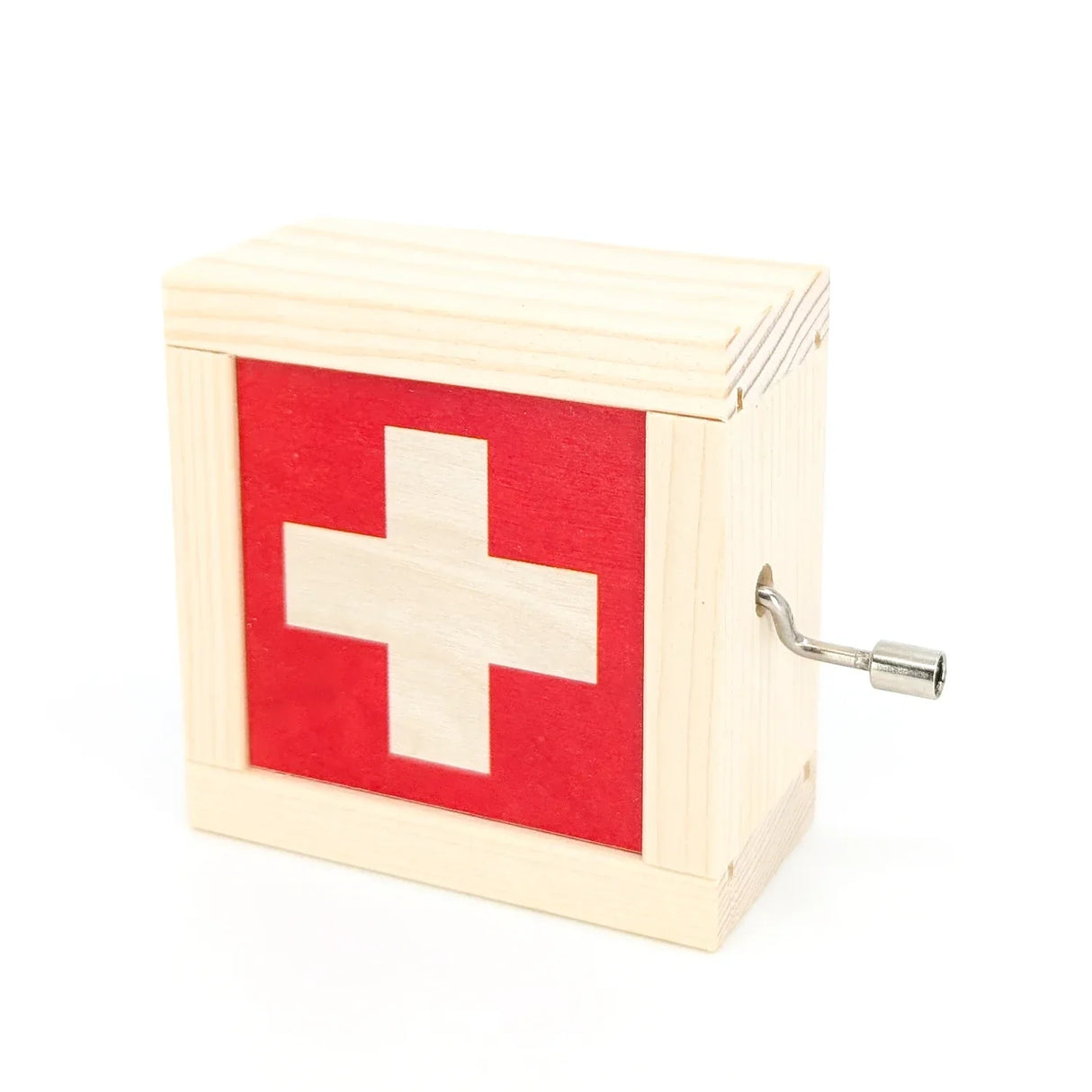 Spieluhr aus hellem Holz mit Schweizer Flagge und Kurbel