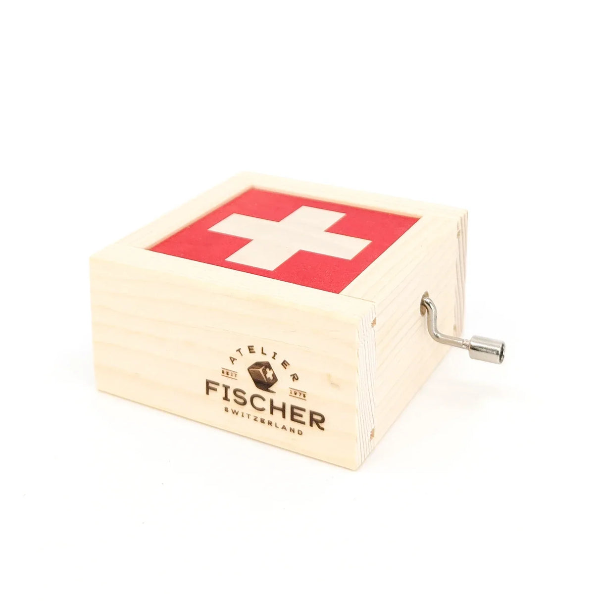 Holzspieldose mit Schweizer Flagge und Kurbel