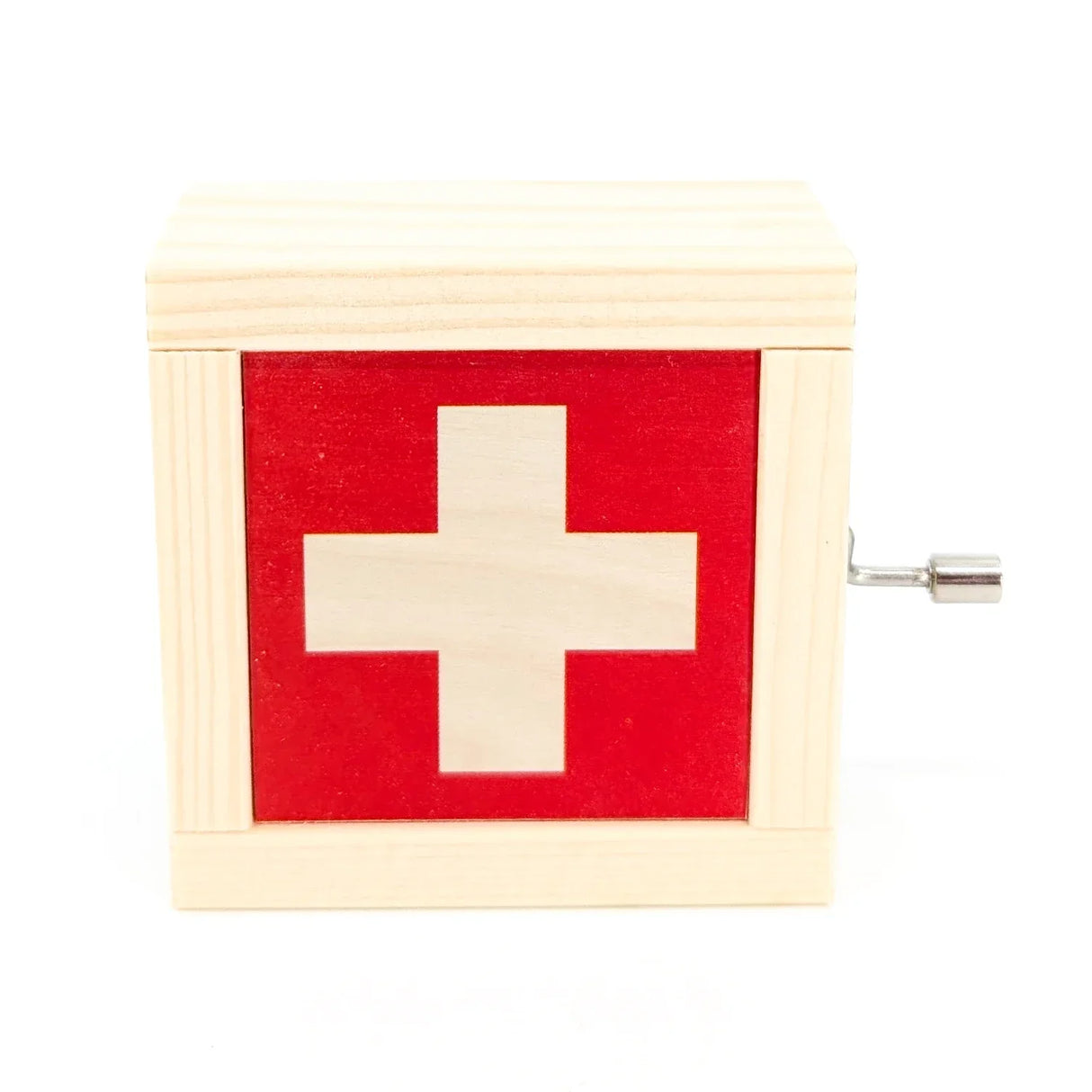 Holzspieldose mit Schweizer Flagge und Kurbel