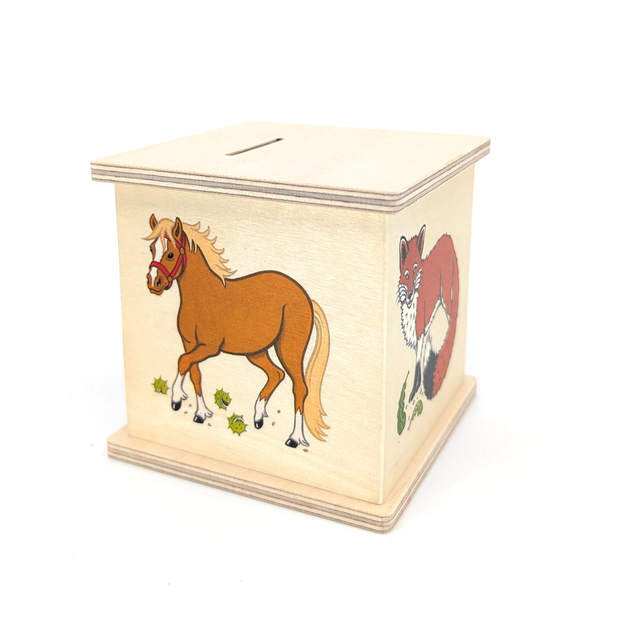 Holzspardose mit Pferd und Fuchs