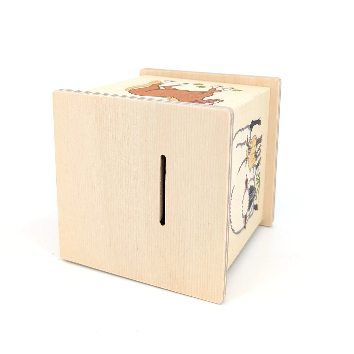 Holzspardose mit Tiermotiven und Geldschlitz
