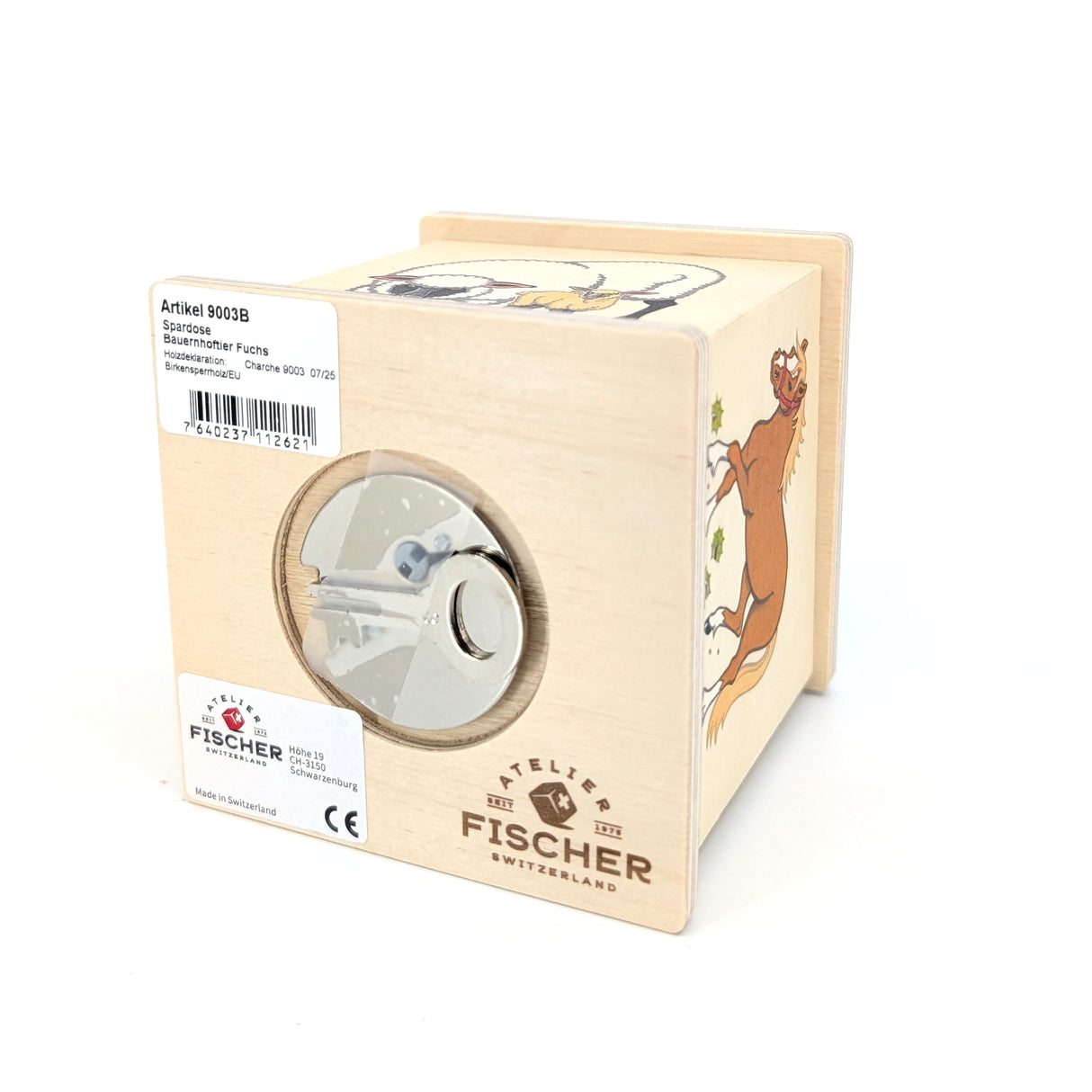 Holzspardose mit Fuchsmotiv und Schloss, Etikett mit Artikelnummer 9003B und Barcode