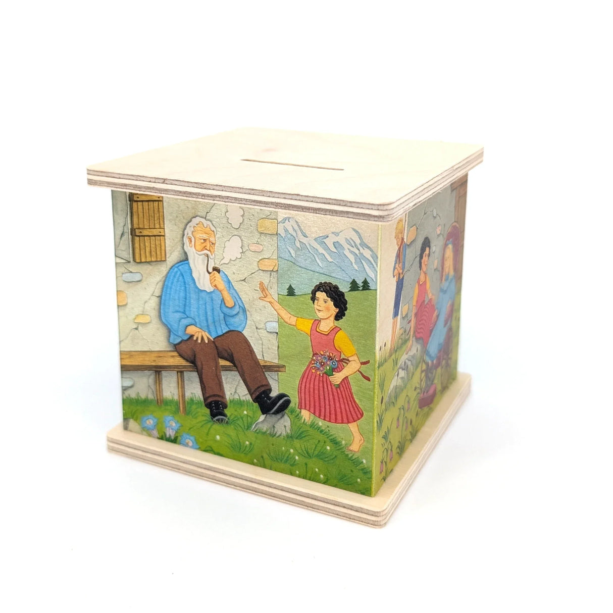 Holzspardose mit Heidi-Motiv, Großvater und Heidi mit Blumenstrauß