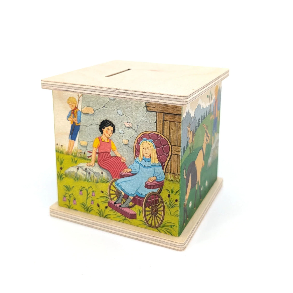 Holzspardose mit Illustrationen von Heidi, Peter und Ziegen in den Bergen