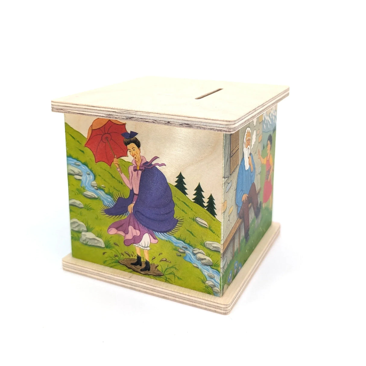 Holzspardose mit Märchenmotiv einer Frau mit Schirm und einem Mann mit Pfeife