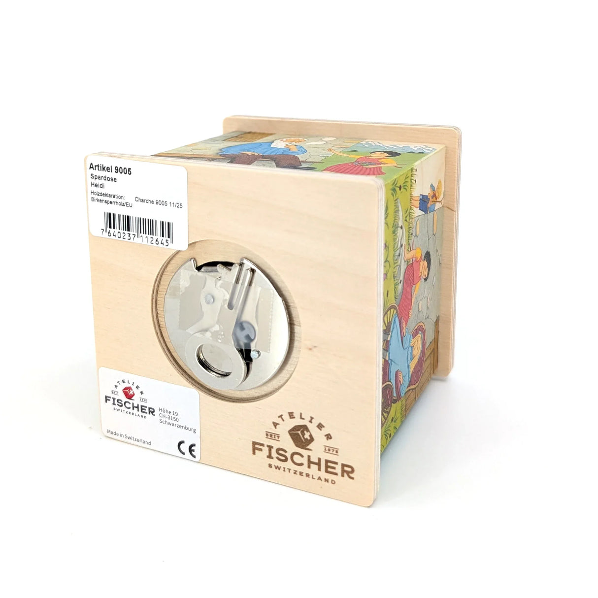 Holzspardose mit Heidi-Motiv und Atelier Fischer Logo