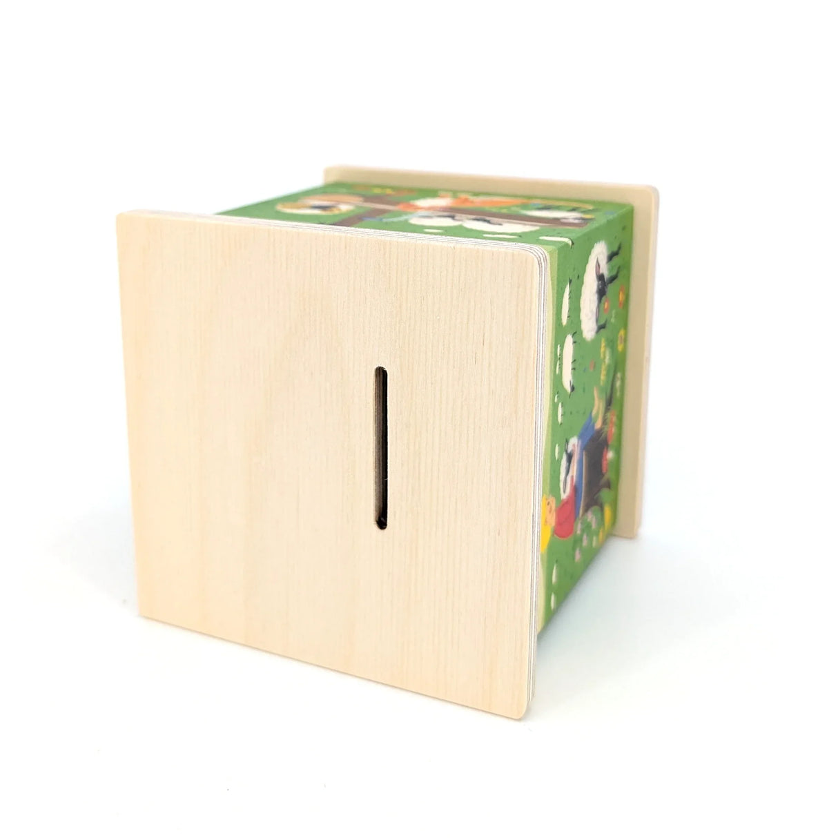 Holzspardose mit Tiermotiven und Geldschlitz