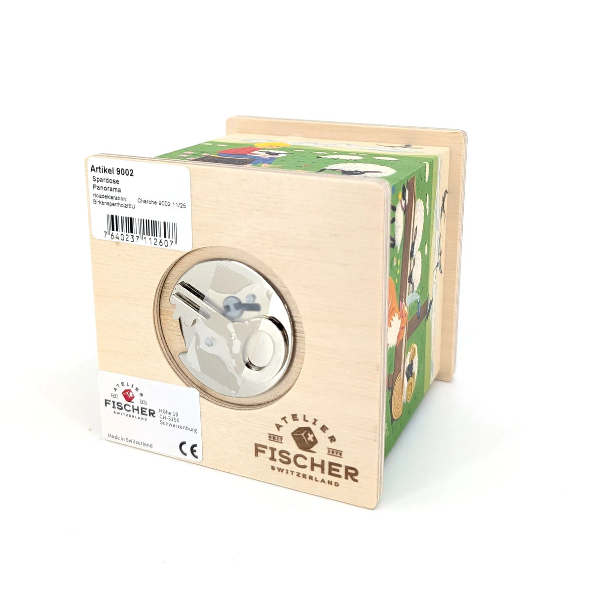 Holzspardose mit Schaf- und Hirtenmotiv, Atelier Fischer Logo und Produktinformationen