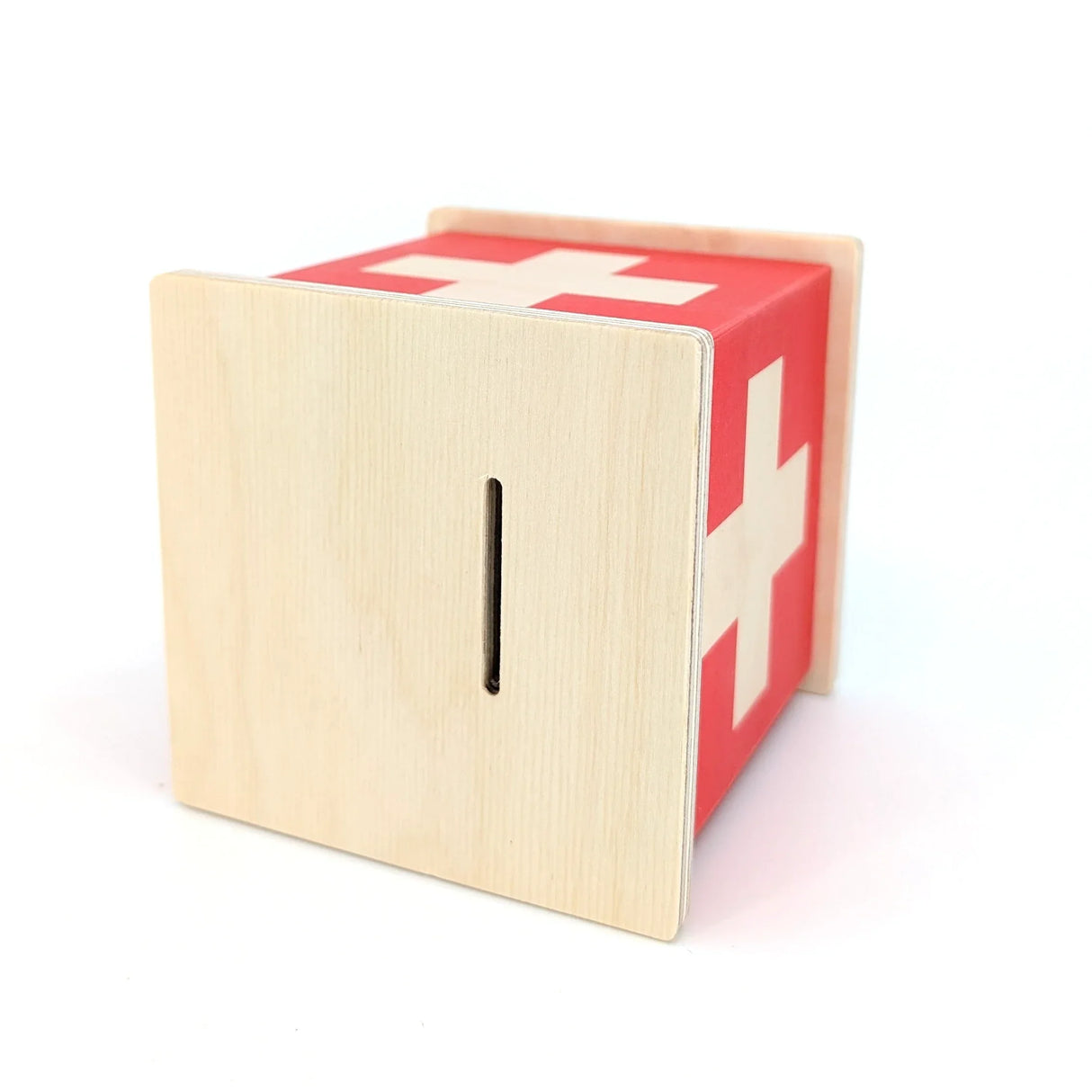 Holzspardose mit Schweizer Kreuz und Geldschlitz