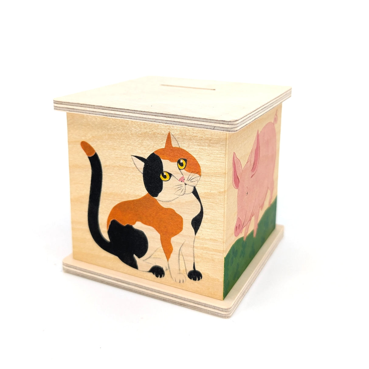 Holzspardose mit einer Katze und einem Schwein bemalt