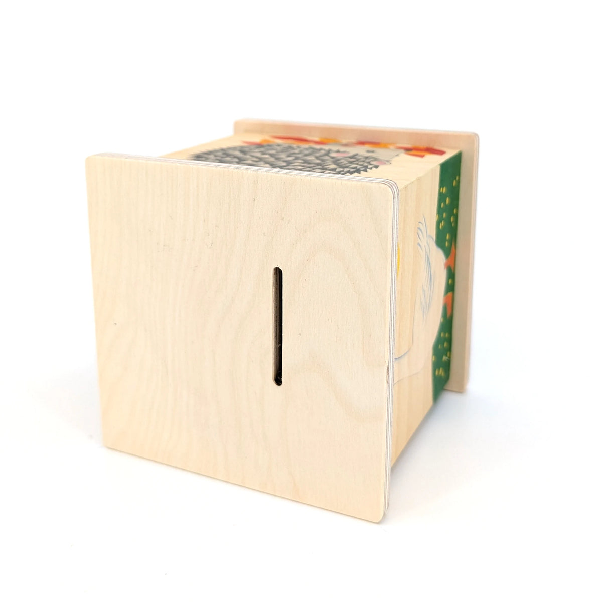 Holzspardose mit Schlitz und Igelmotiv