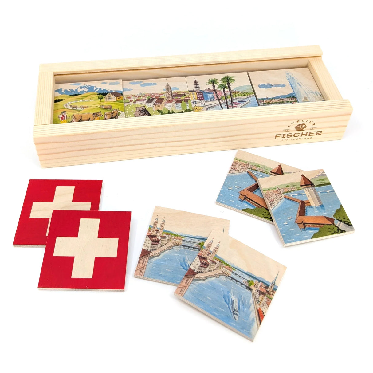 Holzkiste mit Schweizer Motiven und separaten Schweizer Flaggen-Plättchen