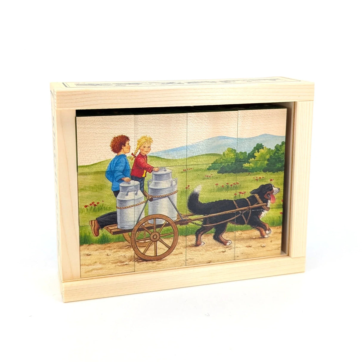 Holzpuzzle mit zwei Kindern und einem Hund, der einen Karren mit Milchkannen zieht