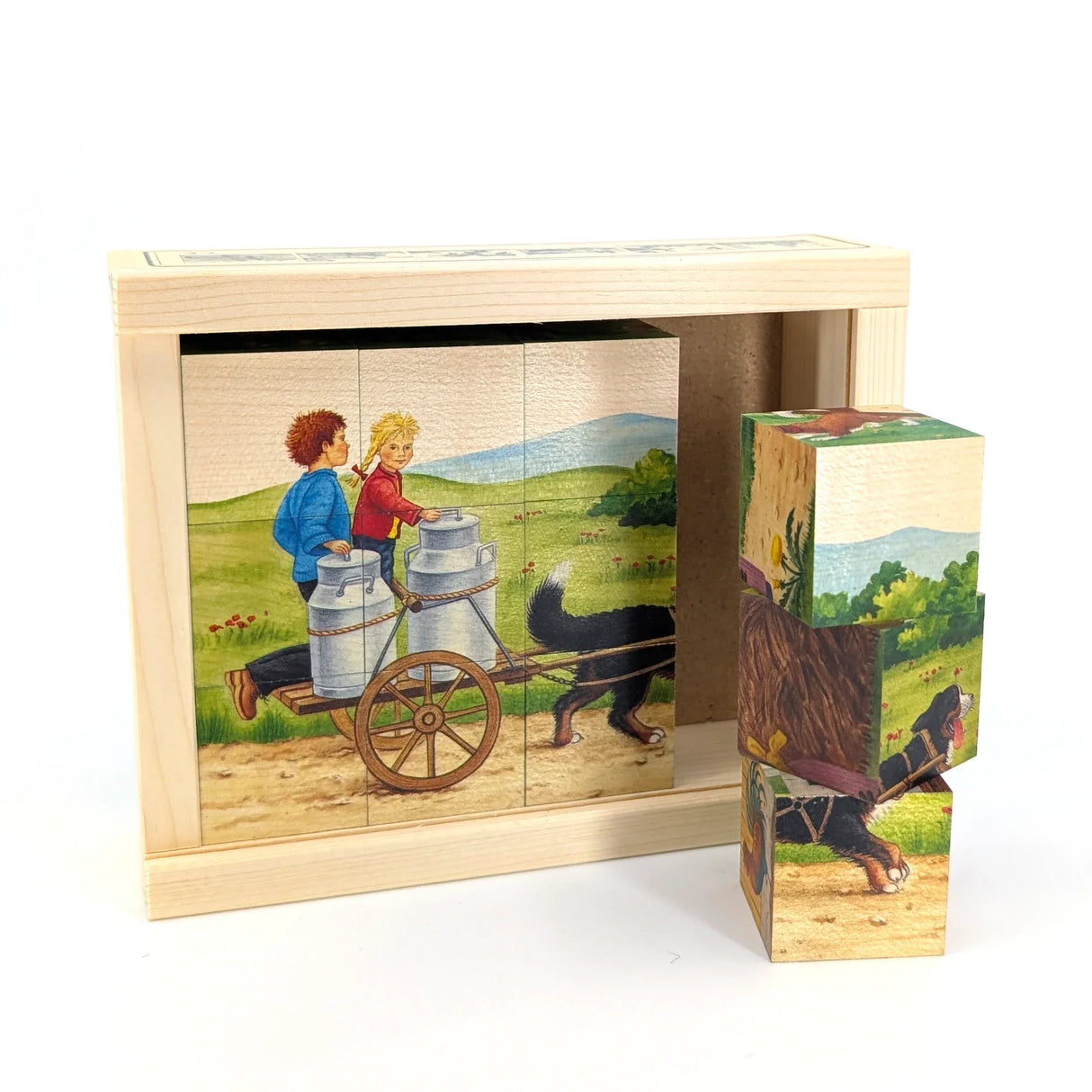 Holzpuzzle mit zwei Kindern, die einen Karren mit Milchkannen ziehen, und einem Hund