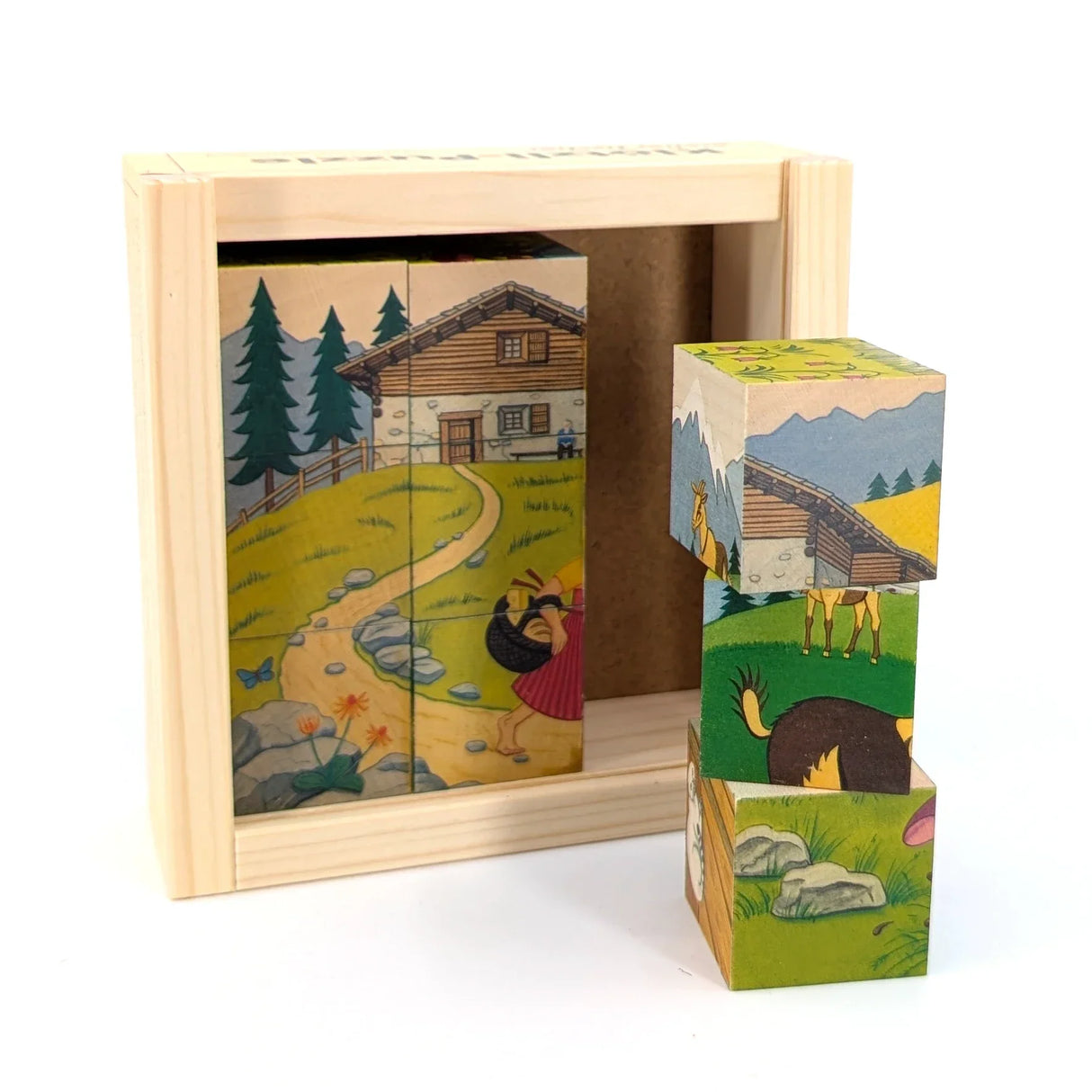 Holzpuzzle mit Heidi-Motiv, ein Mädchen trägt einen Korb, ein Haus und Berge sind zu sehen