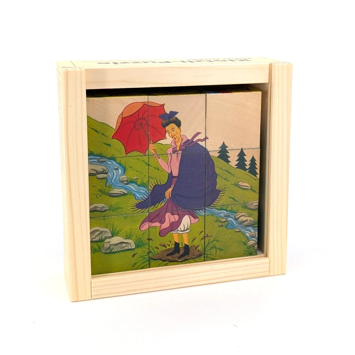 Holzpuzzle mit einer Frau, die einen roten Regenschirm hält und in eine Pfütze tritt
