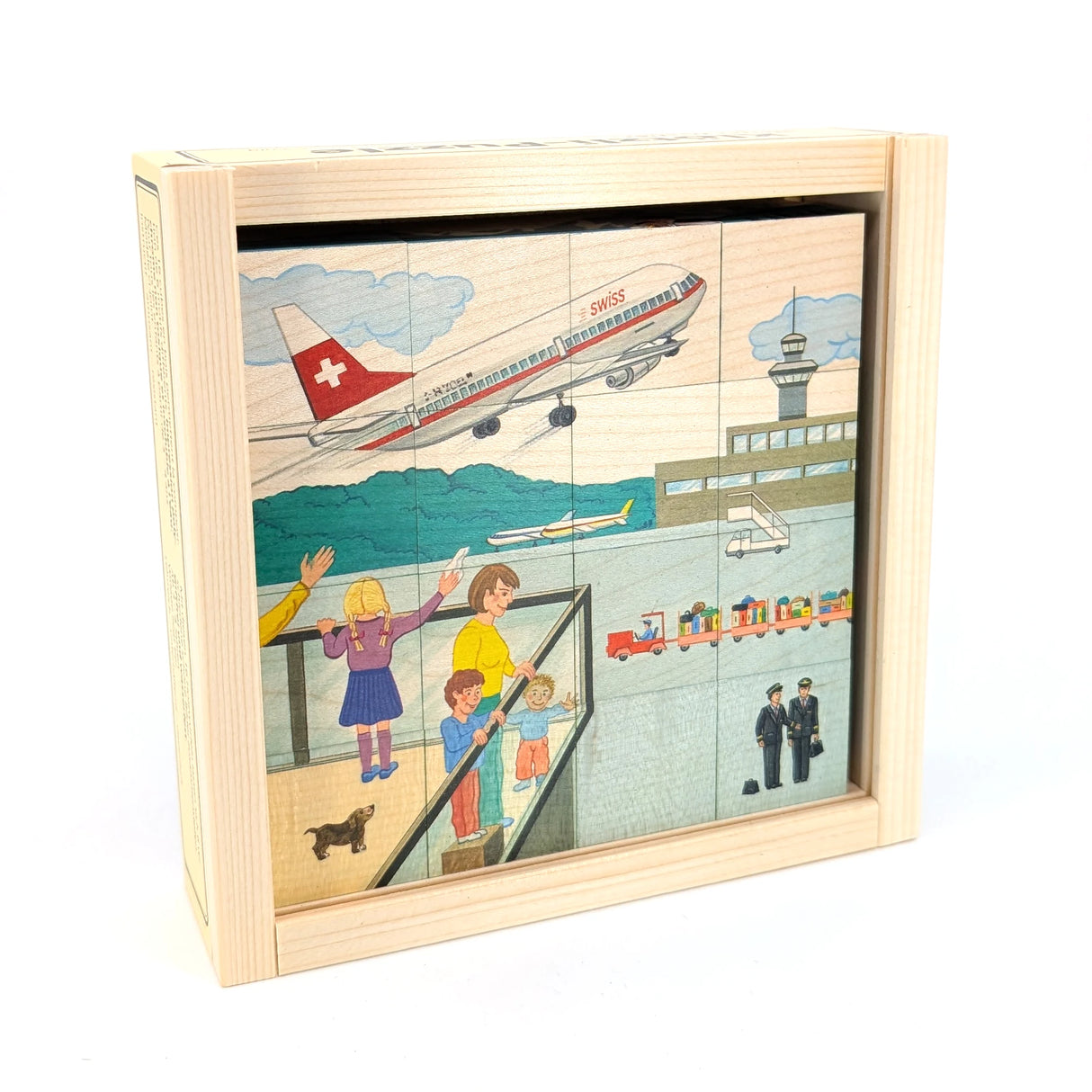 Holzpuzzle mit Flughafenmotiv, Flugzeug, Familie und Piloten