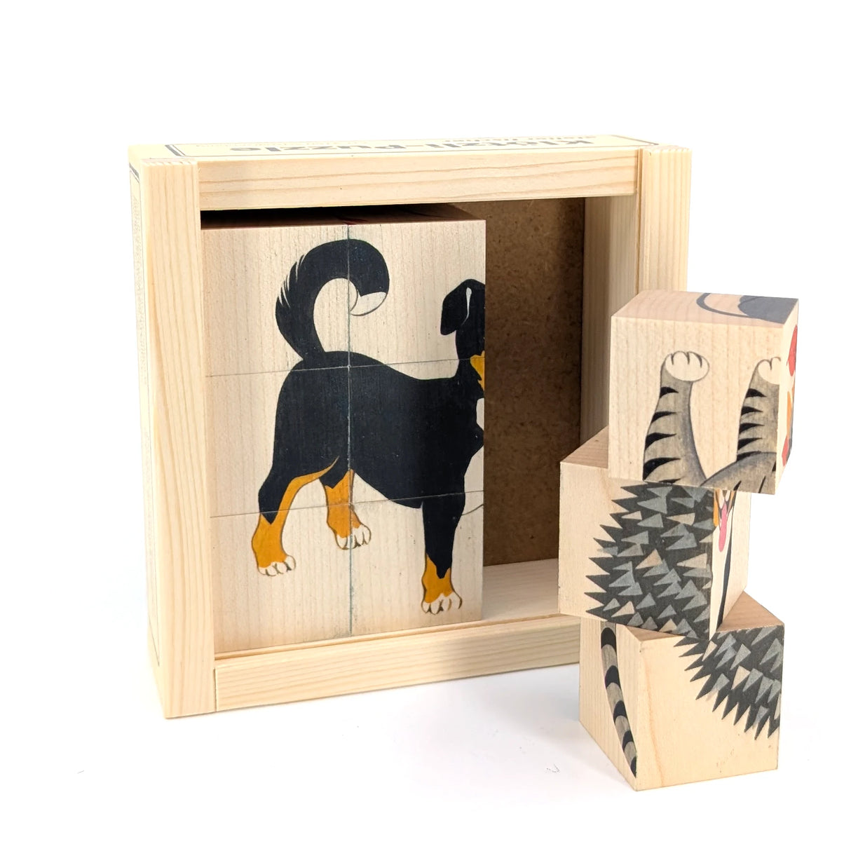 Holzwürfelpuzzle mit Hund und Katze