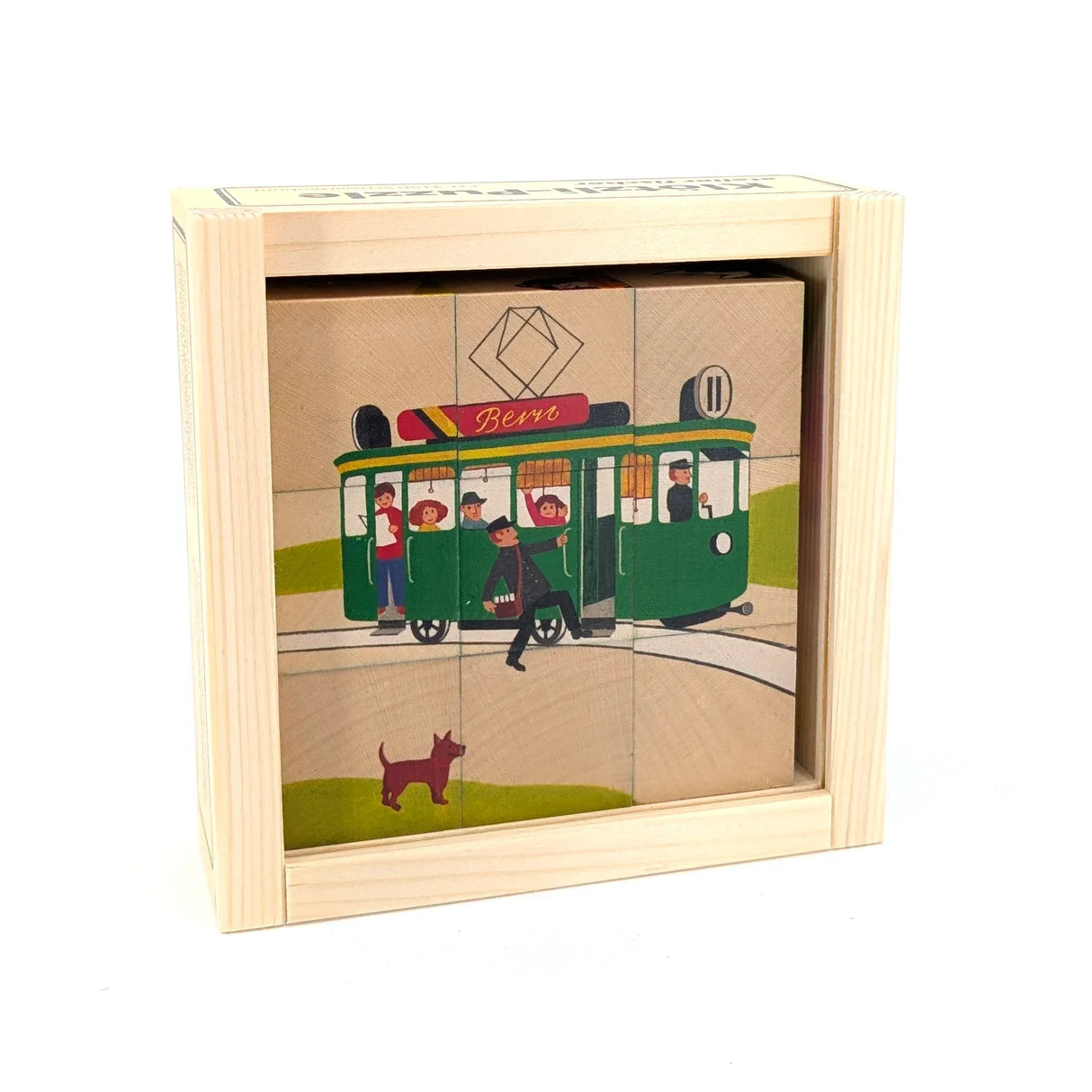 Holzklotz-Puzzle mit einer grünen Berner Strassenbahn und Fahrgästen, ein Hund am Strassenrand