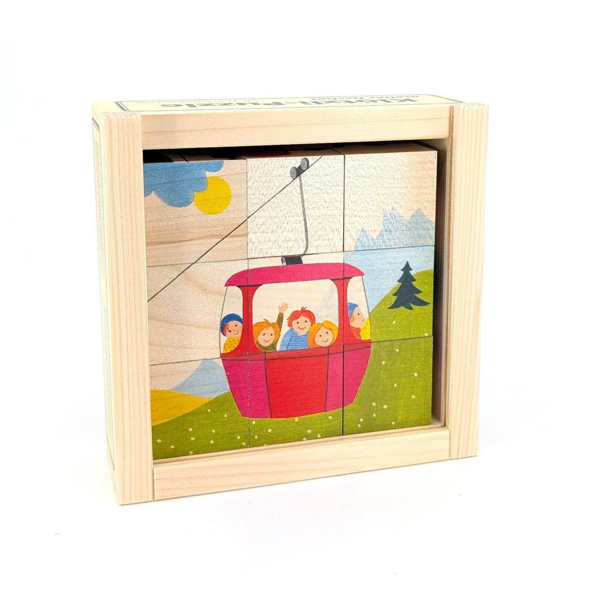 Holzklotz-Puzzle mit Gondel und Kindern