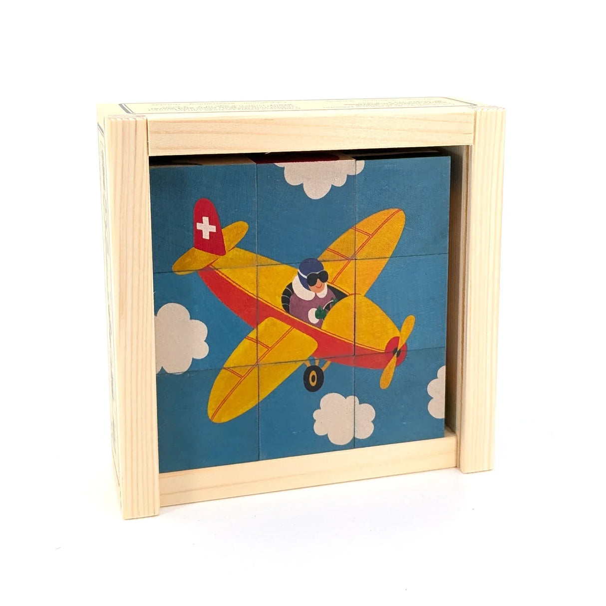 Holzpuzzle mit einem roten und gelben Flugzeug, das von einem Piloten mit Fliegerbrille geflogen wird
