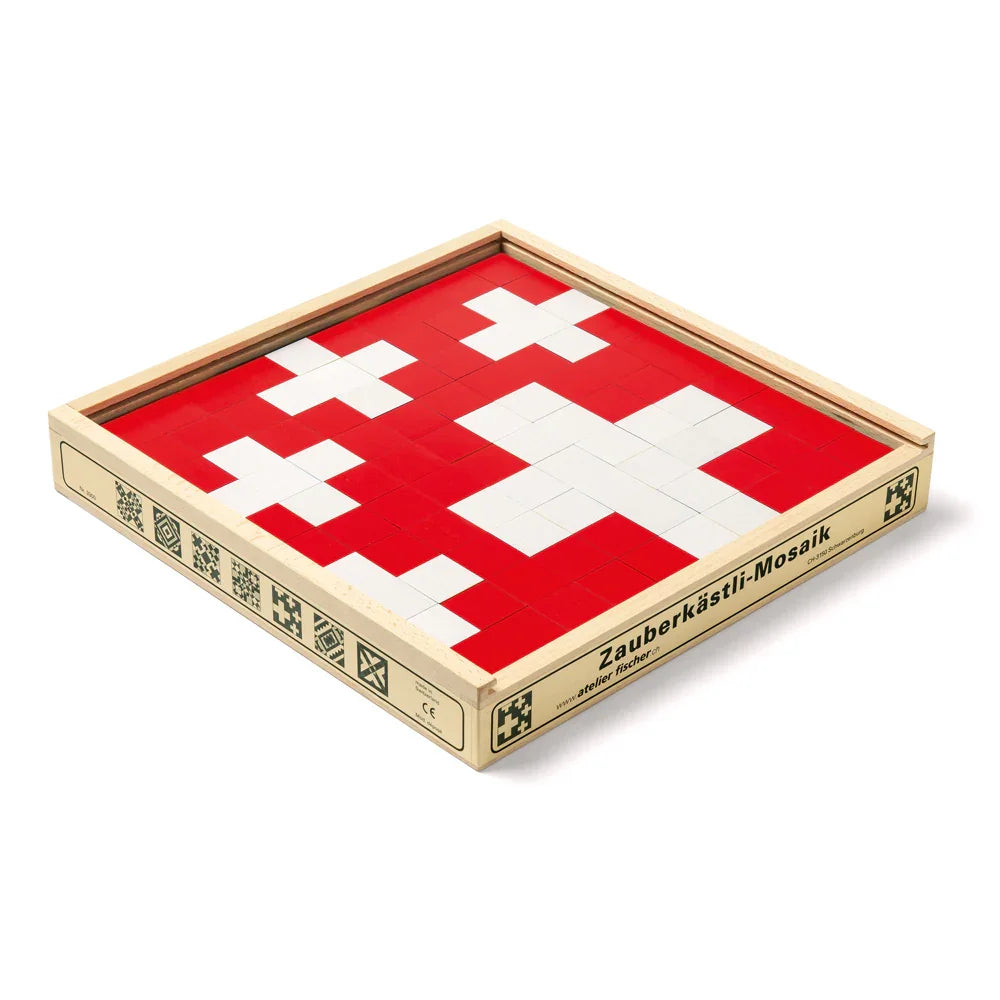 Holzspielzeug Zauberkästli Mosaik mit rot weißem Schweizerkreuz Muster