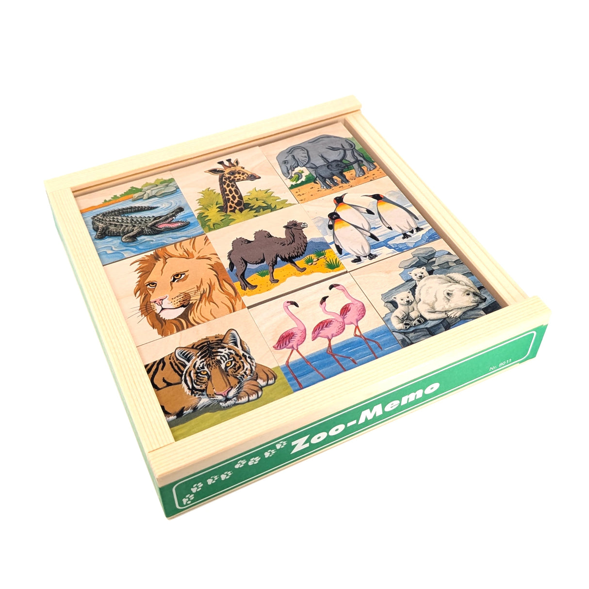 Zoo-Memo-Spiel mit neun Tierbildern: Krokodil, Giraffe, Elefant, Löwe, Kamel, Pinguine, Tiger, Flamingos, Eisbären