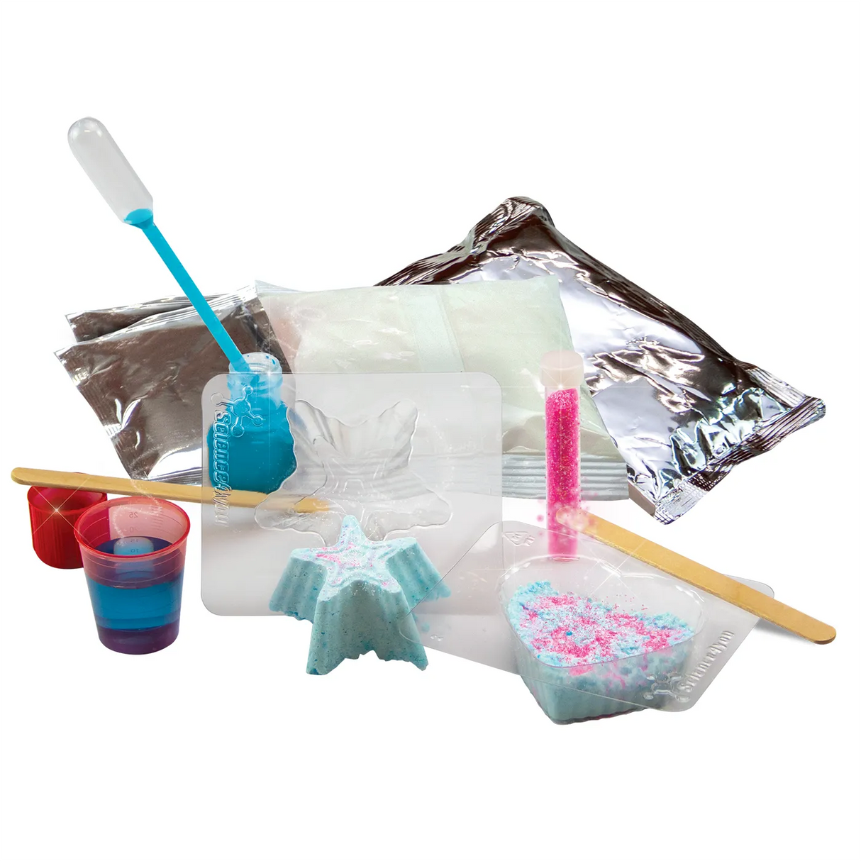 Badebomben-Set mit blauer Flüssigkeit, rosa Glitzer, Formen und Pulver