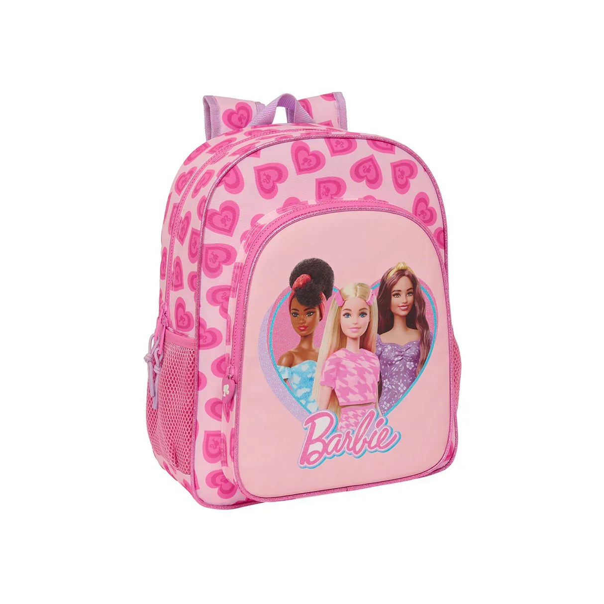 Rosa Barbie Rucksack mit Herzmuster und drei Barbie Figuren auf der Vordertasche