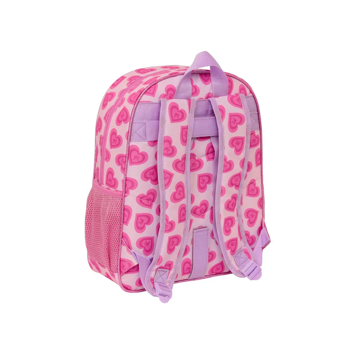 Rosa Rucksack mit Herzmuster und lila Tragegurten von hinten gesehen