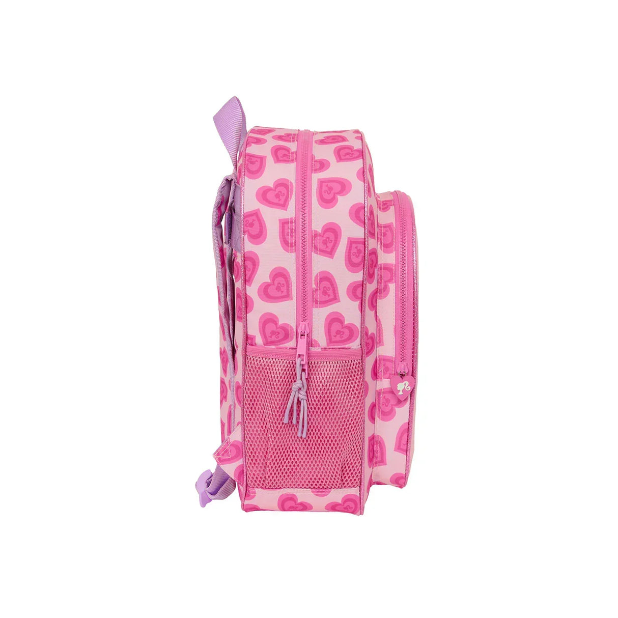 Rosa Rucksack mit Herzmuster und seitlicher Netztasche
