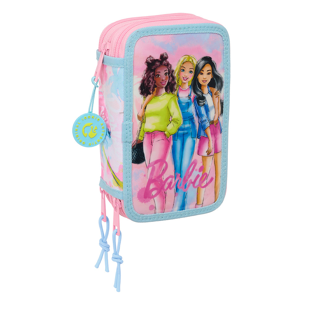 Rosa Federmäppchen mit Barbie-Logo und drei Barbie-Puppen in verschiedenen Outfits
