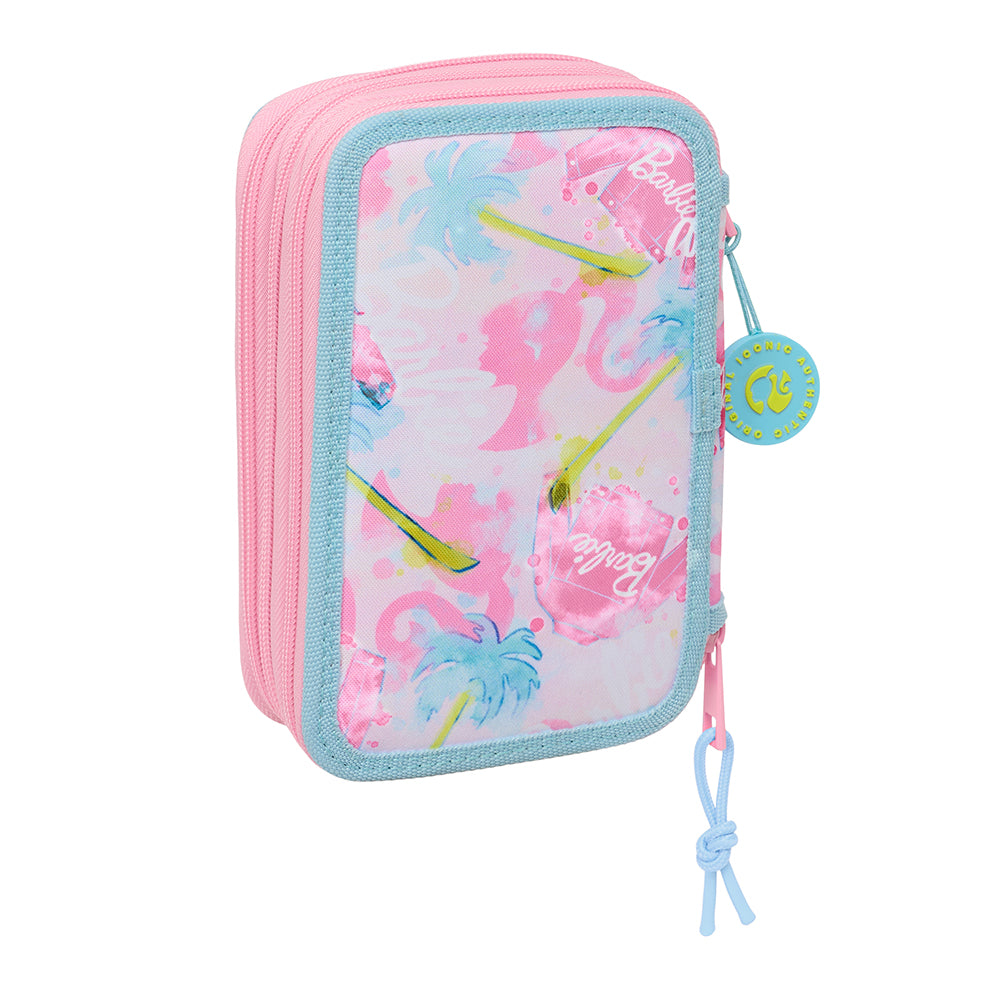 Barbie Federmäppchen mit Reißverschluss, rosa und blau, mit Barbie-Logo und Palmenmuster