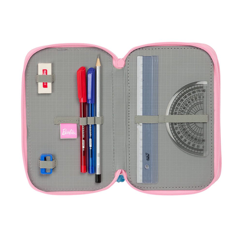 Offenes pinkes Federmäppchen mit Stiften, Bleistift, Radiergummi, Lineal und Winkelmesser