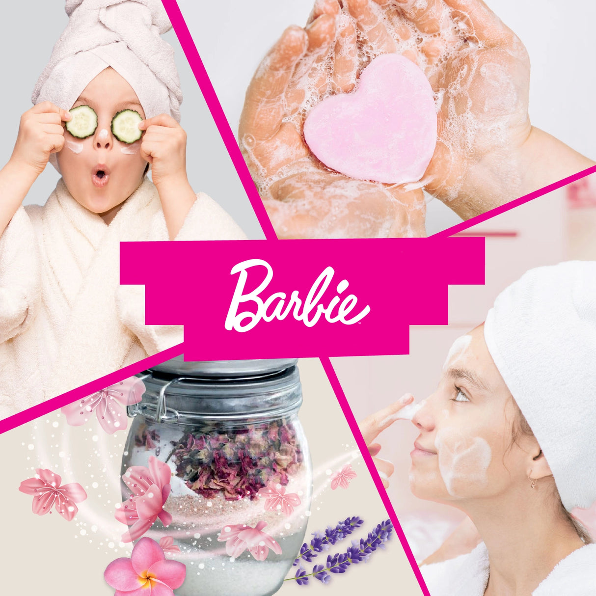 Collage mit Barbie-Logo, Kind mit Gurkenscheiben, Händen mit Seife, Glas mit Blüten, Frau beim Gesichtwaschen