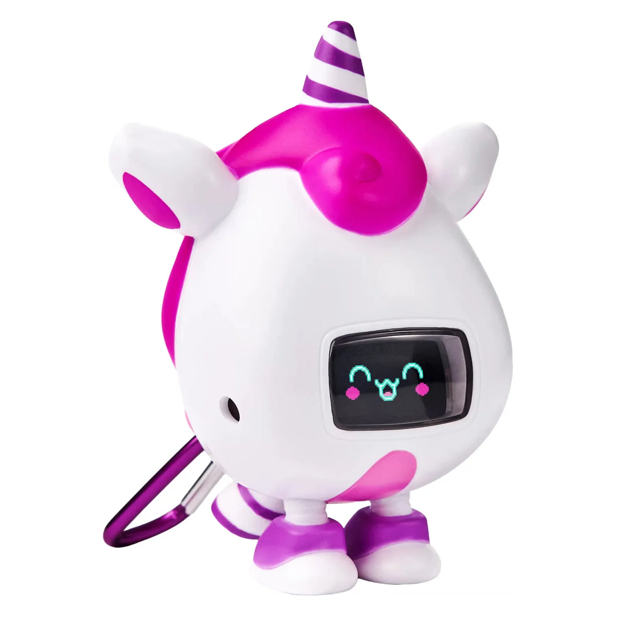 Weißes Einhorn-Spielzeug mit pinken und lila Akzenten, einem Display mit lächelndem Gesicht und einem lila Schlüsselanhänger