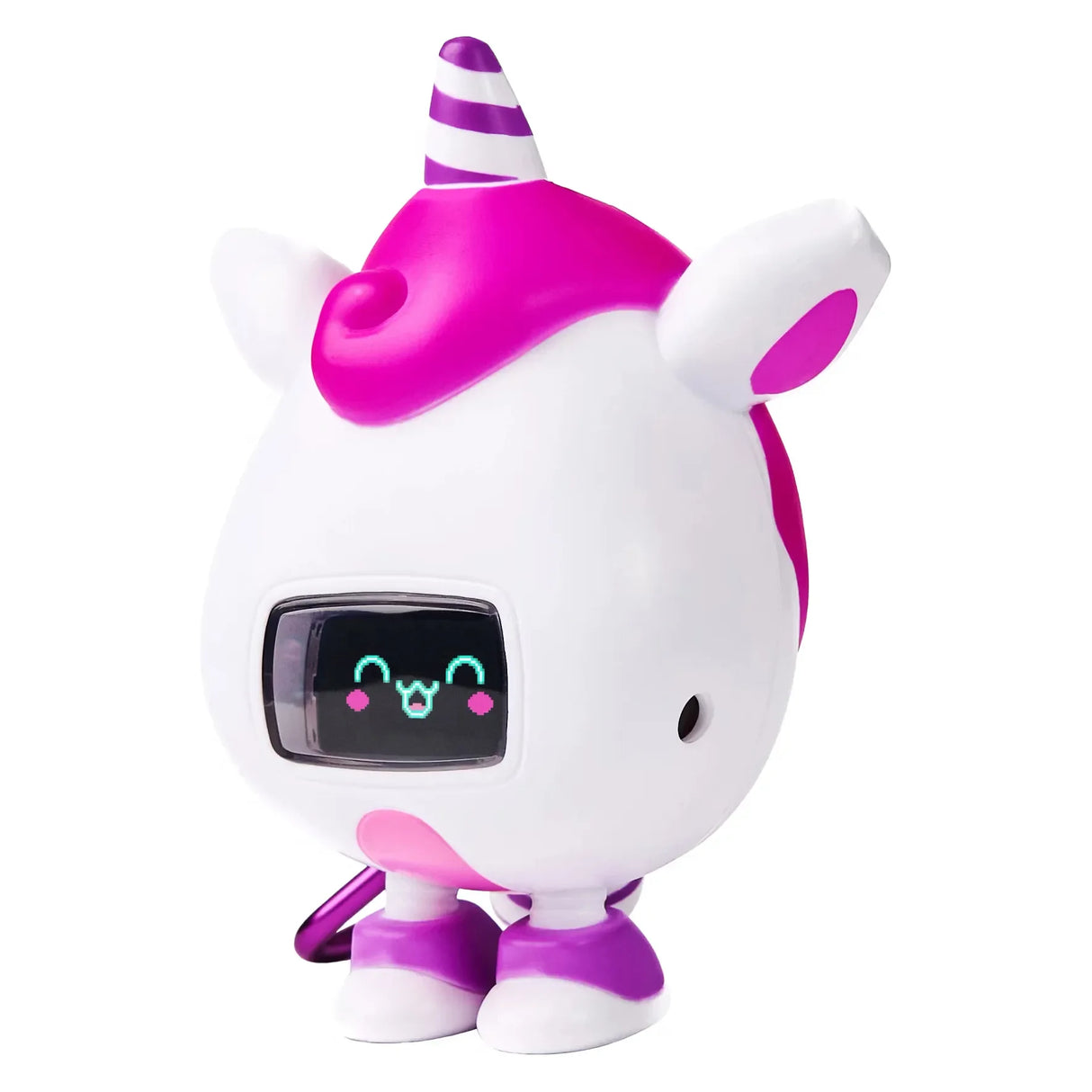 Weißes Einhorn-Spielzeug mit pinker Mähne, lila gestreiftem Horn und einem Bildschirmgesicht mit lächelndem Emoji