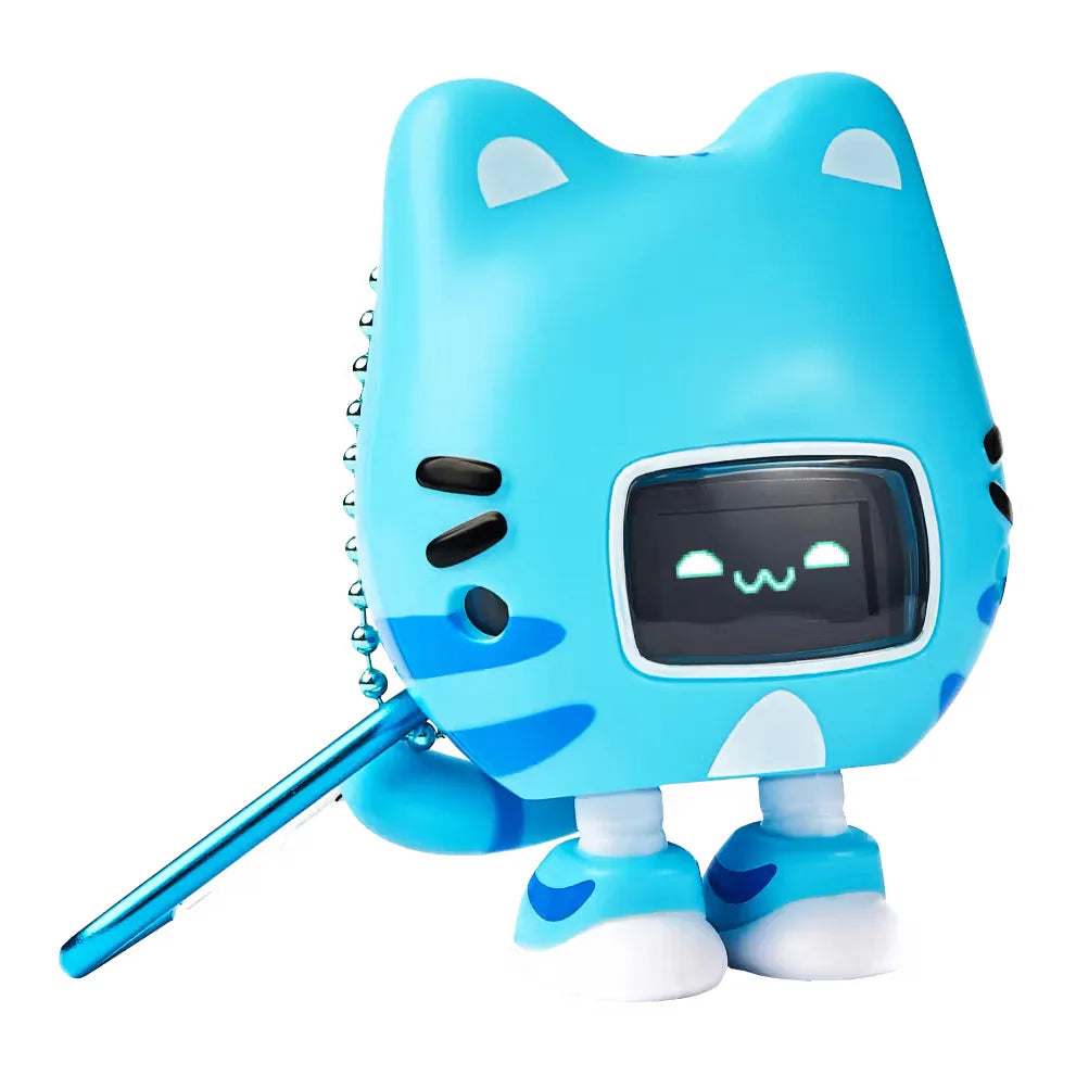 Blauer Roboter-Katzen-Schlüsselanhänger mit digitalem Gesicht