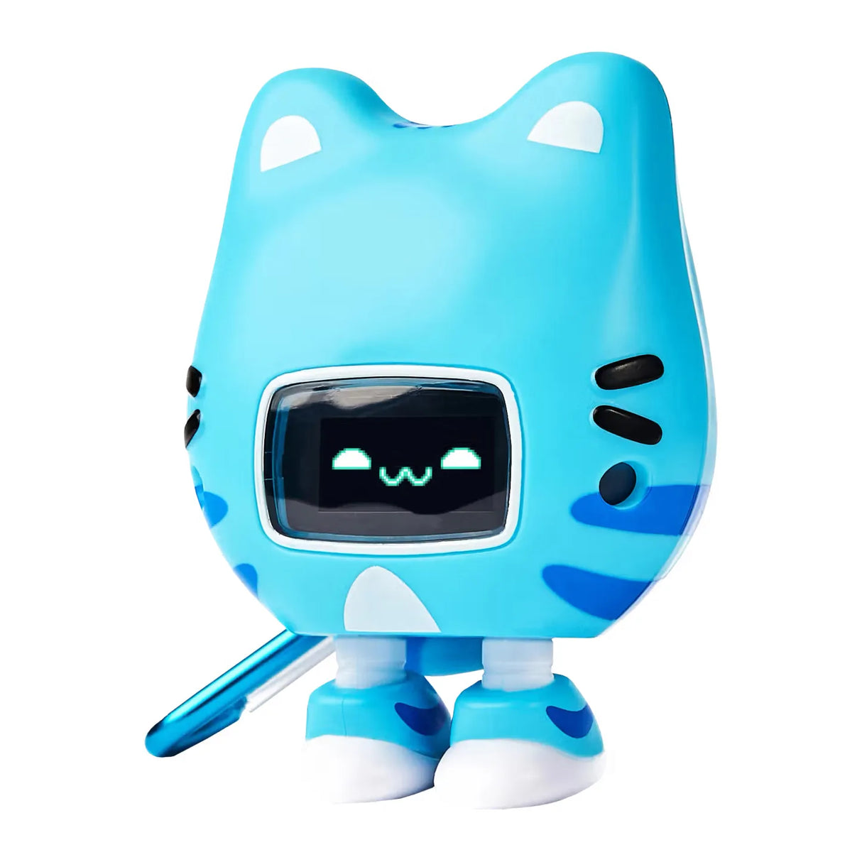 Blauer Roboter in Katzenform mit Bildschirmgesicht und Schwanz