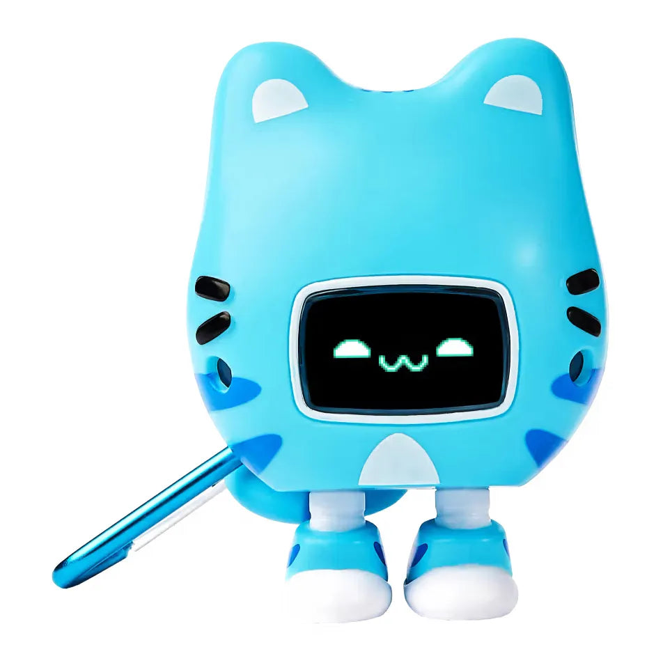 Blauer Roboter in Katzenform mit Display und Karabinerhaken